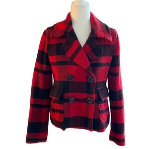 American Eagle Pea Coat Petite Small Red Black Plaid Wool Preppy Academia Winter
